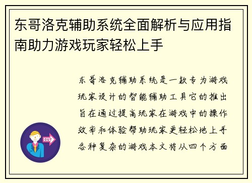 东哥洛克辅助系统全面解析与应用指南助力游戏玩家轻松上手